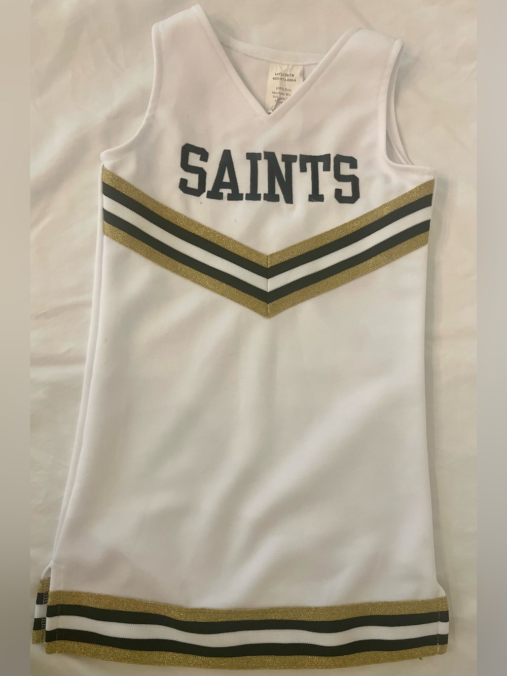 White & Gold 'Saints' Girls Cheer V neck dress uniform